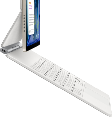 iPad Air, Farbe Polarstern, befestigt am Magic Keyboard, Weiß, Seitenansicht