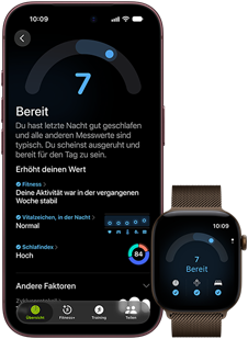 iPhone 18 Pro, Schwarz, Vorderseite, zeigt die Ergebnisse des Tagesformwerts (Wert 7), gekoppelt mit einer Apple Watch, Vorderansicht, Braun, zeigt denselben Tagesformwert von 7