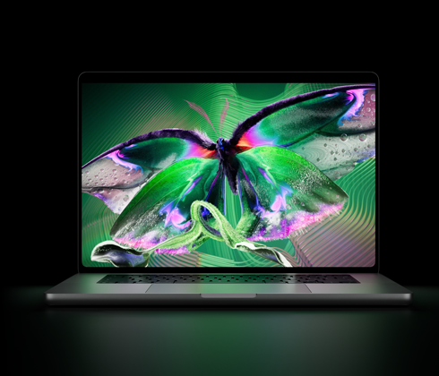 MacBook Pro mit PROLED XDR Display, geöffnet, Farbe Silber, das Display zeigt ein detailliertes, kontrastreiches Bild mit lebendigen Farben, der Bildschirm beleuchtet die Tastatur